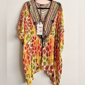Shahida Parides Dress Animal Print Kimono Kaftan Embellished Swim Cover Up Beach